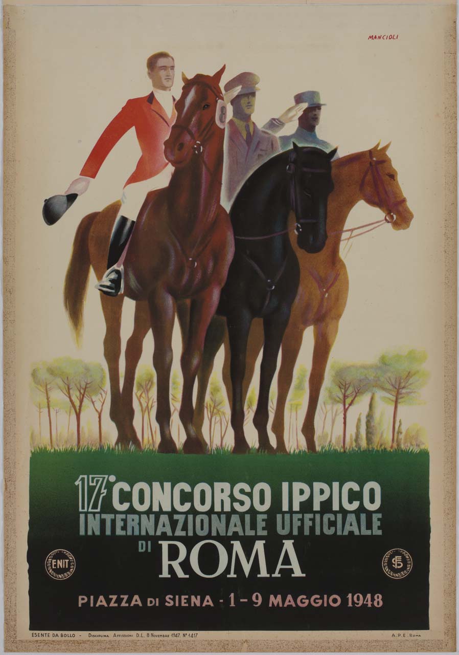 tre cavalieri a cavallo (manifesto) di Mancioli Corrado (sec. XX)
