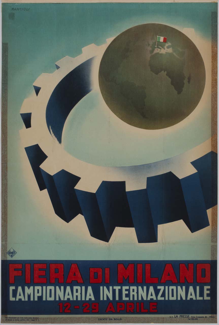 Globo terrestre con bandiera italiana all'interno di una ghiera dentellata (manifesto) di Mancioli Corrado (sec. XX)