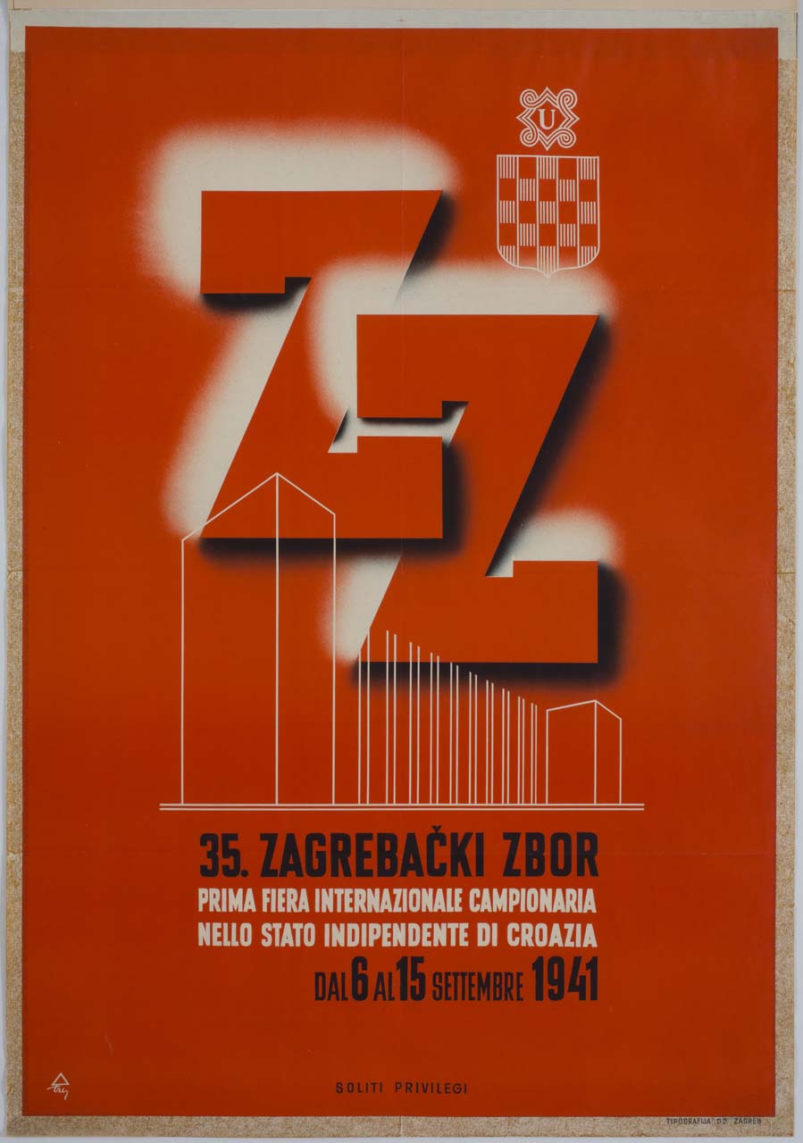 stemma dello Stato Indipendente di Croazia accanto a due lettere Z ed elementi architettonici stilizzati (manifesto) di Try - ambito croato (sec. XX)