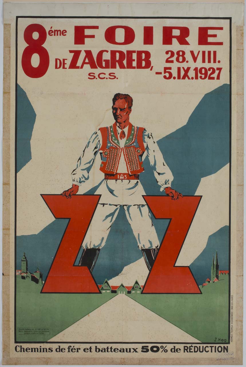 uomo in costume tradizionale in piedi tra due lettere Z davanti alla veduta di Zagabria (manifesto) di Ž. Heg (sec. XX)