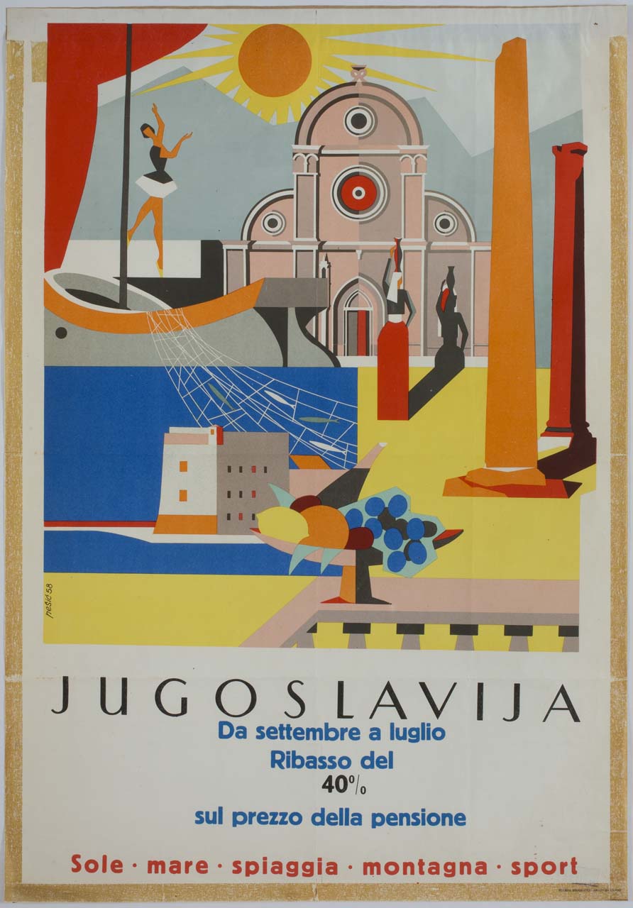 composizione con facciata di chiesa, barca, colonne, mare e fruttiera in primo piano (manifesto) di Pesic Ratomir (sec. XX)