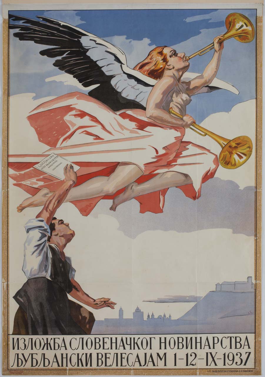 figura femminile alata con due trombe e uomo che solleva un foglio (manifesto) di Sič - ambito jugoslavo (sec. XX)