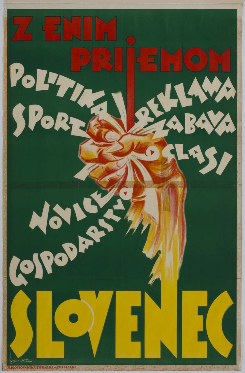 mano chiusa a pugno che stringe alcune scritte (manifesto) - ambito jugoslavo (sec. XX)