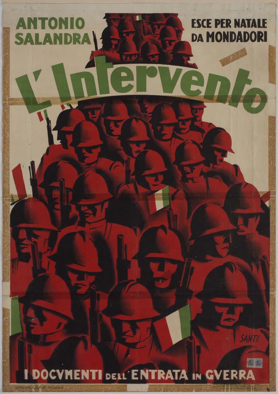 soldati con fucili e bandiera dell'Italia (manifesto) di Santi Bruno (sec. XX)