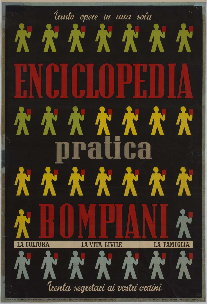 figura maschile stilizzata con un libro in mano ripetuta e disposta su più file (manifesto) - ambito italiano (sec. XX)