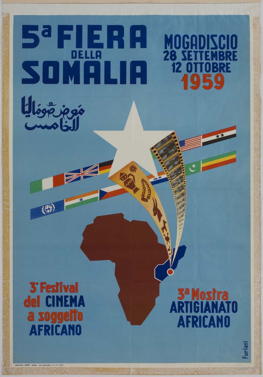 sagoma dell'Africa da cui partono una pellicola fotografica e una fascia con disegni (manifesto) di Furlani - ambito italiano (sec. XX)