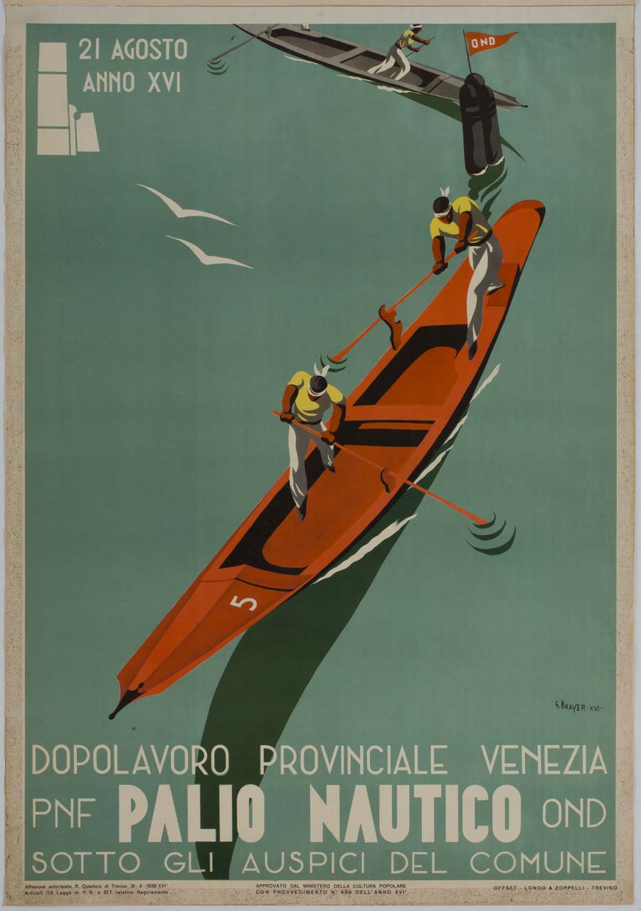 due gondolini in gara intorno ad una boa (manifesto) di Krayer Gino (sec. XX)