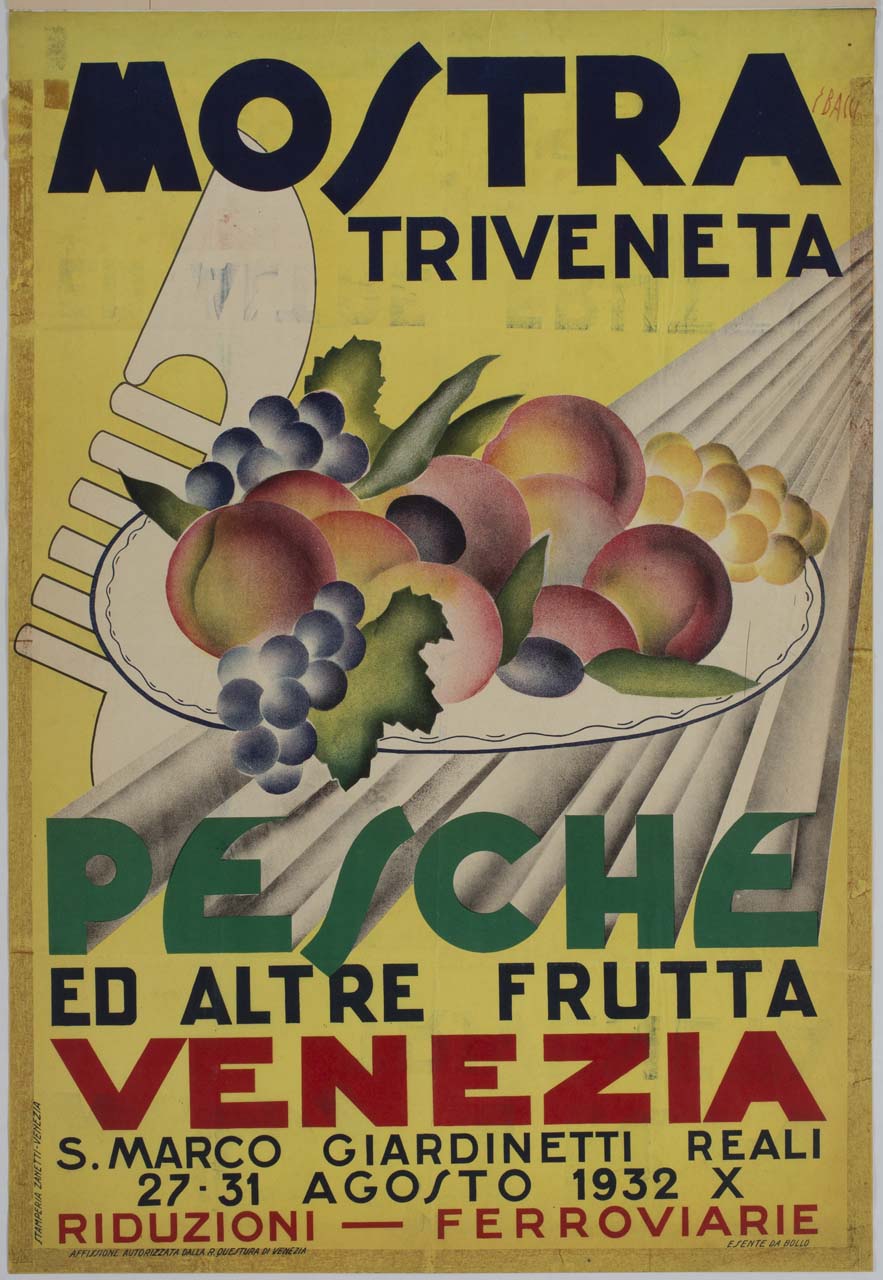 piatto con frutta mista e ferro di prua di una gondola (manifesto) di Bacci Edmondo (sec. XX)