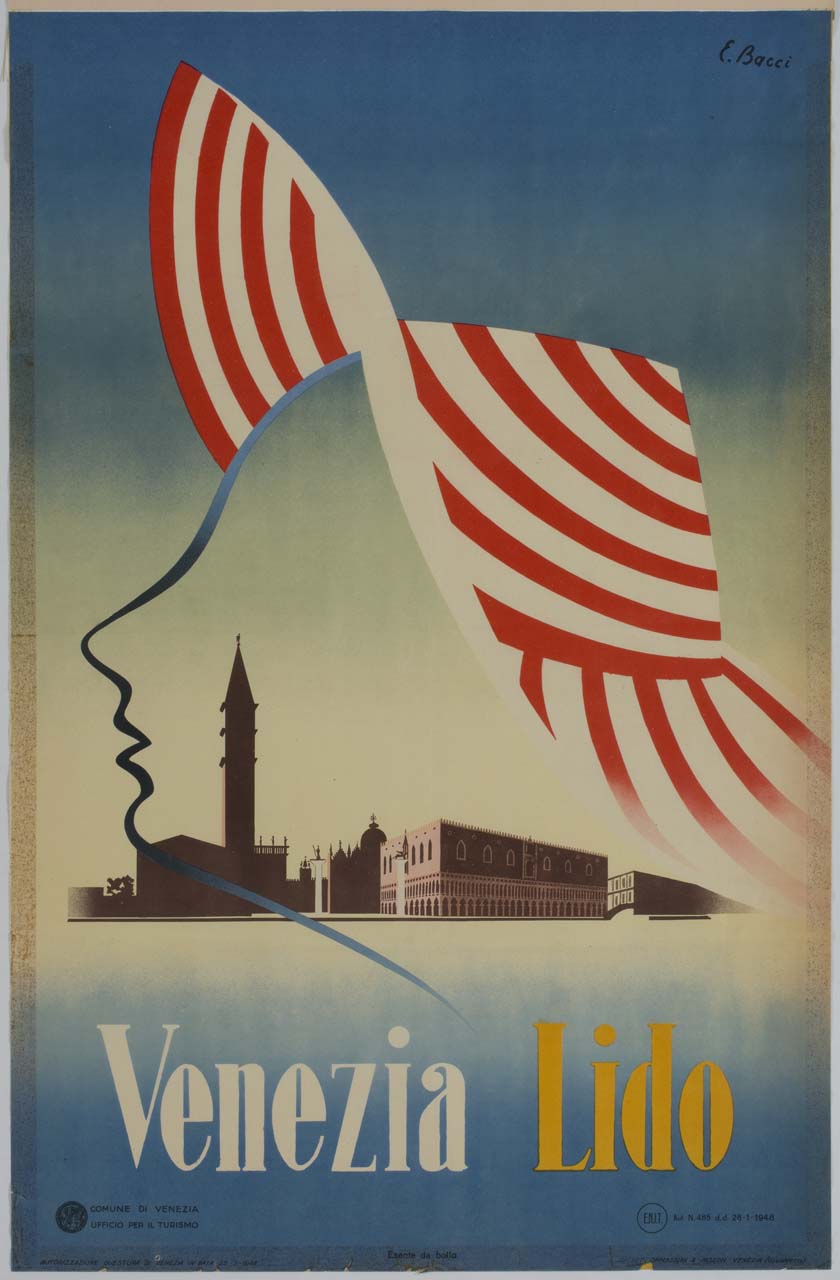 profilo femminile con cappello e veduta di Venezia sullo sfondo (manifesto) di Bacci Edmondo (sec. XX)