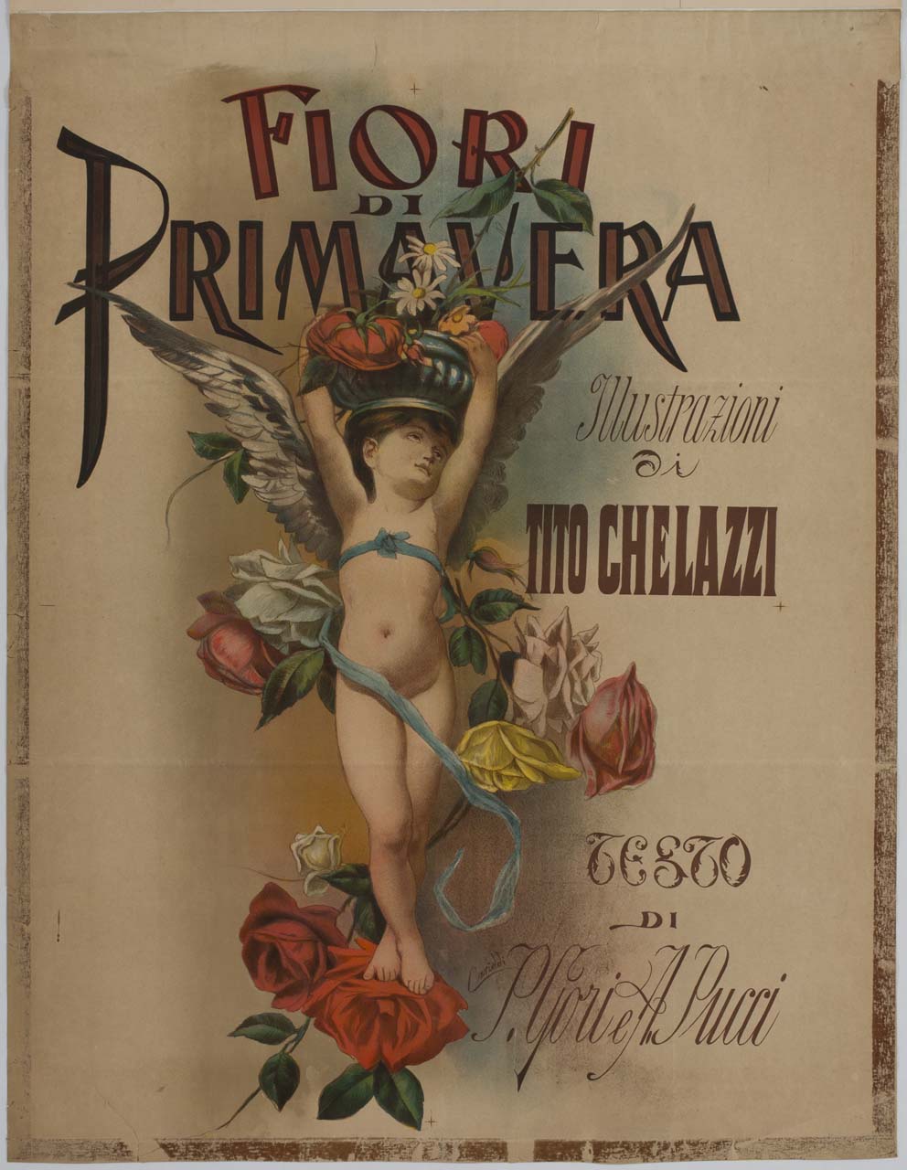 putto tra fiori con un vaso sul capo (manifesto) di Cariddi - ambito italiano (sec. XIX)