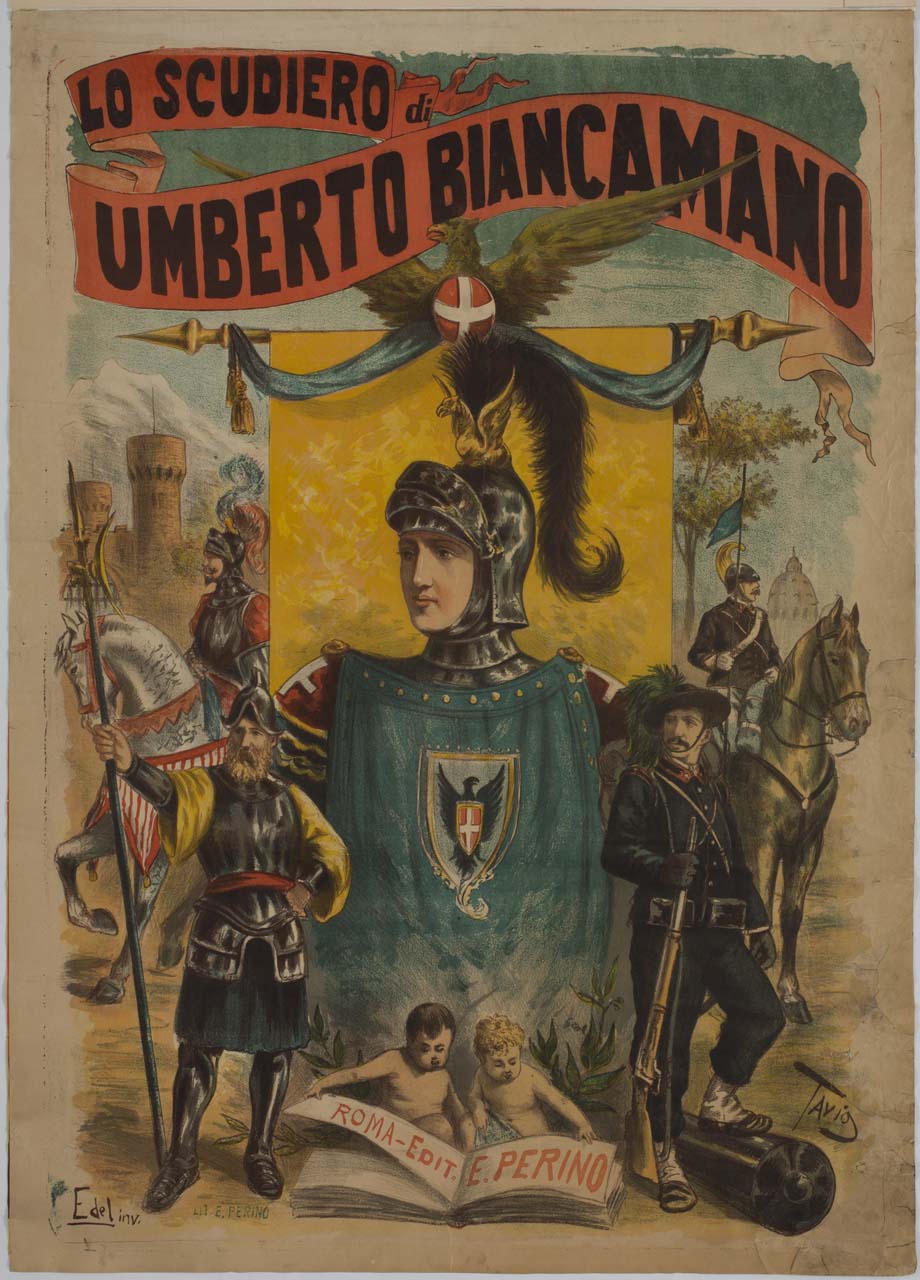 busto di Umberto Biancamano contornato da un bersagliere e altri soldati (manifesto) di Rodella Ottavio detto Tavio, Edel Leonida (sec. XIX)