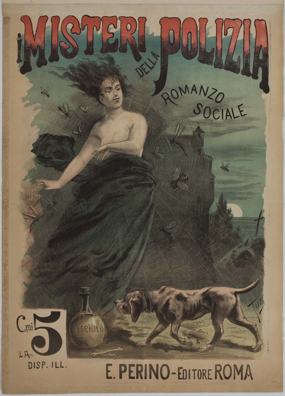 donna seminuda con cane davanti ad una ragnatela (manifesto) di Rodella Ottavio detto Tavio (sec. XIX)