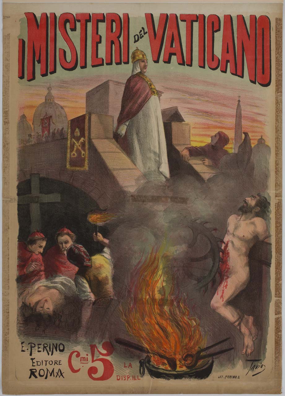 Pontefice scende dal passetto e uomo torturato con una ruota dentata (manifesto) di Rodella Ottavio detto Tavio (sec. XIX)
