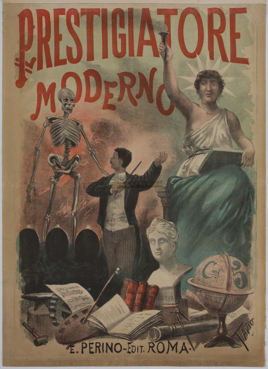 prestigiatore con scheletro e figura allegorica femminile con fiaccola (manifesto) di Rodella Ottavio detto Tavio (sec. XIX)