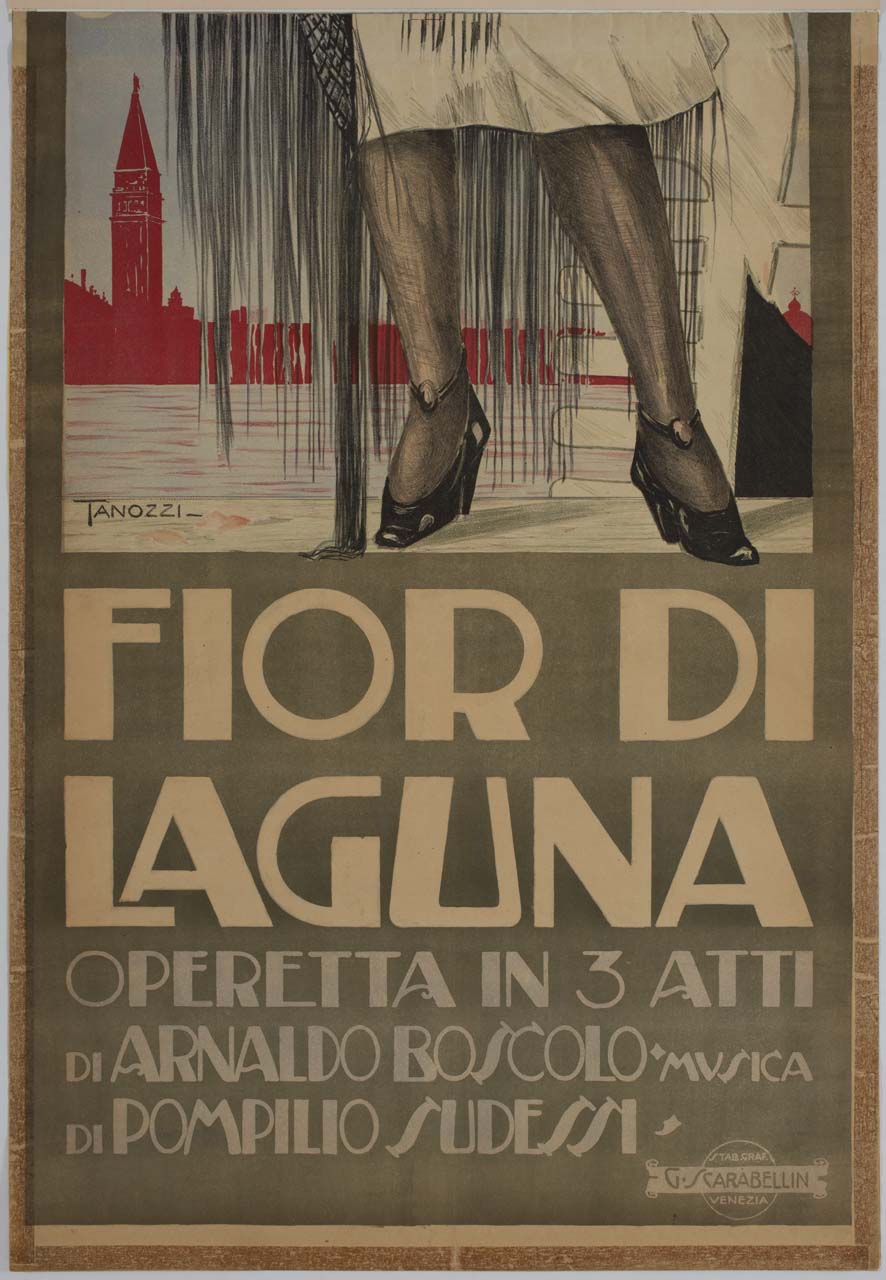 gambe di donna con scialle e veduta di Venezia sullo sfondo (manifesto) di Tanozzi Gorgon (sec. XX)