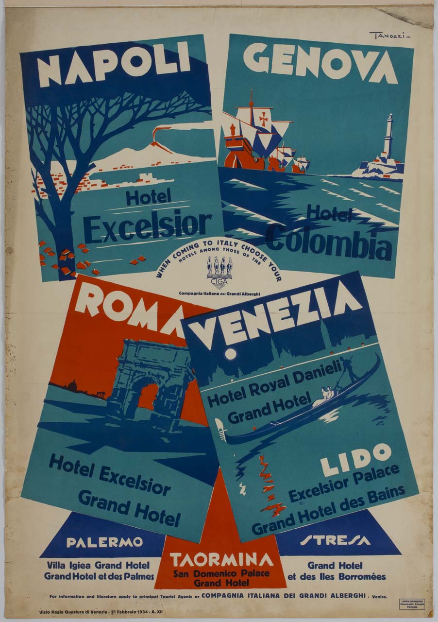 veduta del Golfo di Napoli; caravelle davanti al faro di Genova; Arco di Tito a Roma; gondola nella laguna di Venezia (manifesto) di Tanozzi Gorgon (sec. XX)