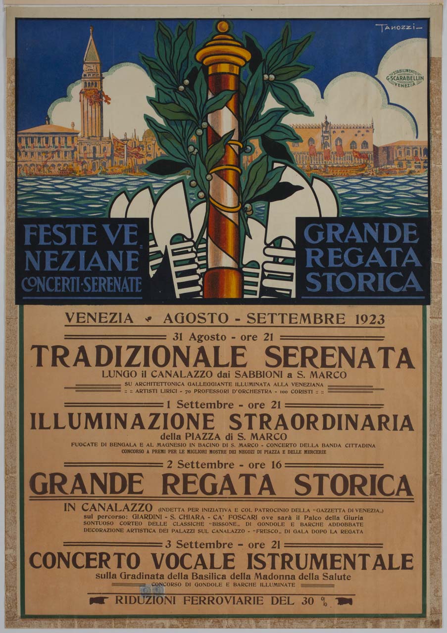 palina con foglie di alloro e gondole con veduta di Riva degli Schiavoni sullo sfondo (manifesto) di Tanozzi Gorgon (sec. XX)