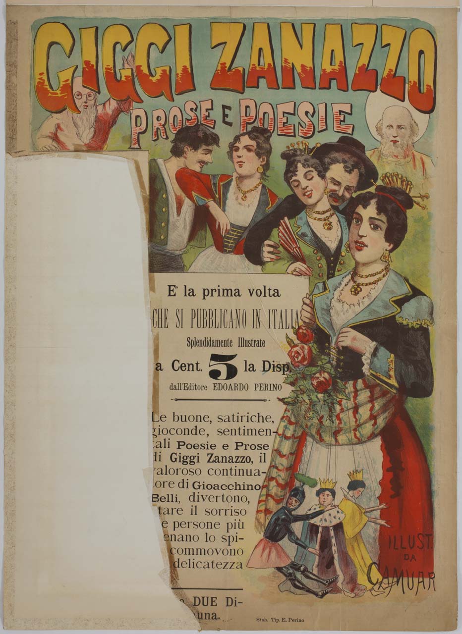 uomini e donne in abiti tradizionali, santo, marionette (manifesto) - ambito italiano (sec. XIX)