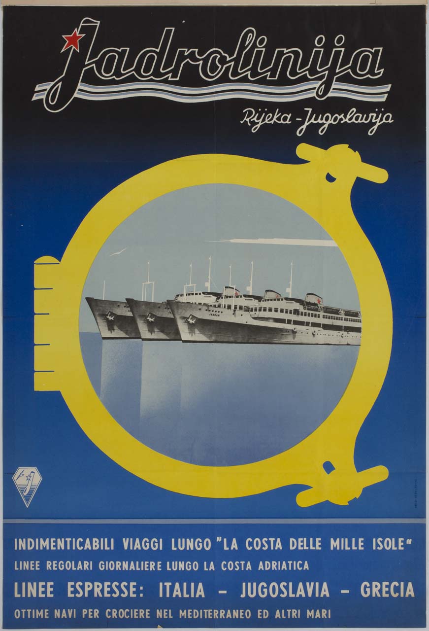 veduta di tre navi da crociera da un oblò (manifesto) - ambito jugoslavo (sec. XX)