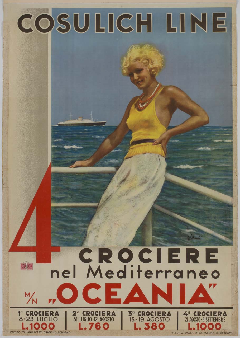 donna appoggiata al parapetto di una nave (manifesto) di Bianchi Alberto (sec. XX)