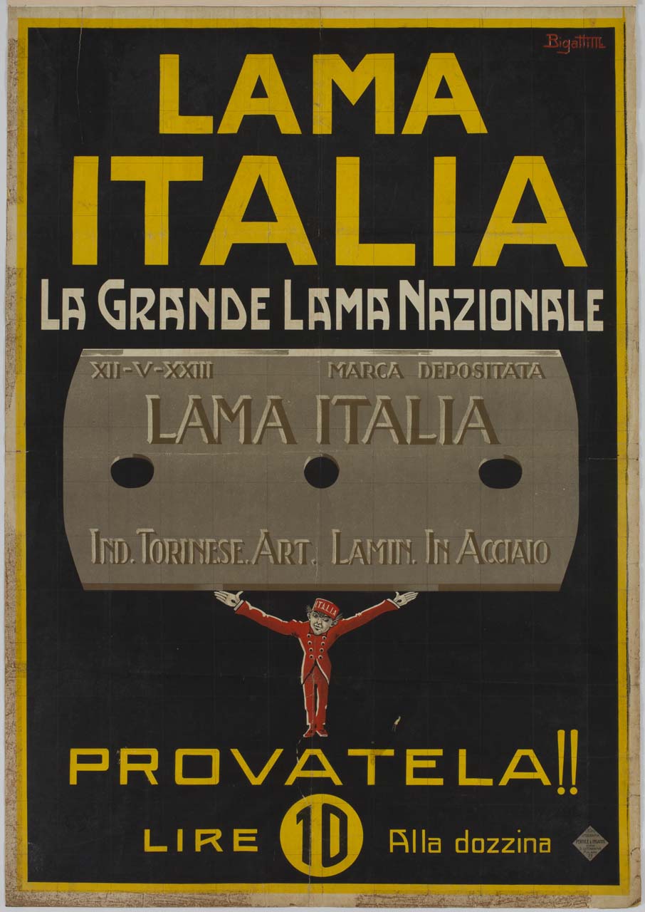 facchino con le braccia sollevate sostiene una grande lametta (manifesto) di Bigatti M - ambito italiano (sec. XX)