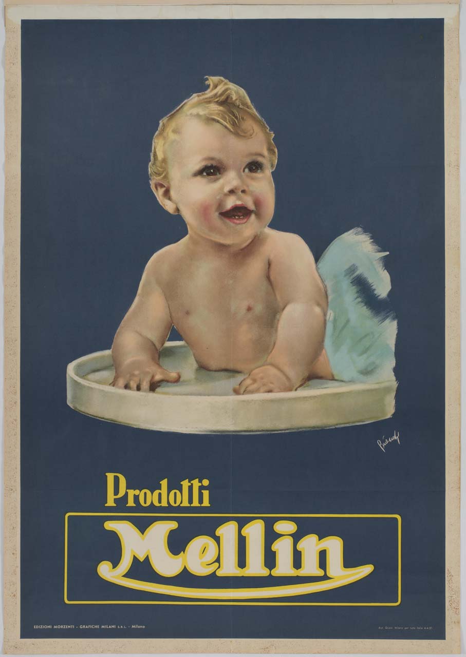 bambino piccolo a pancia in giù si solleva sulle braccia (manifesto) di Bianchi Alberto (sec. XX)