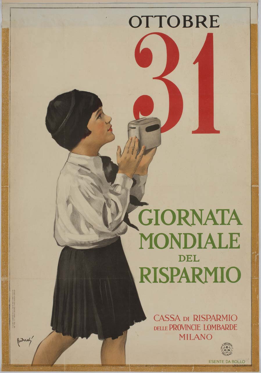 bambina con salvadanaio in mano (manifesto) di Bianchi Alberto (sec. XX)