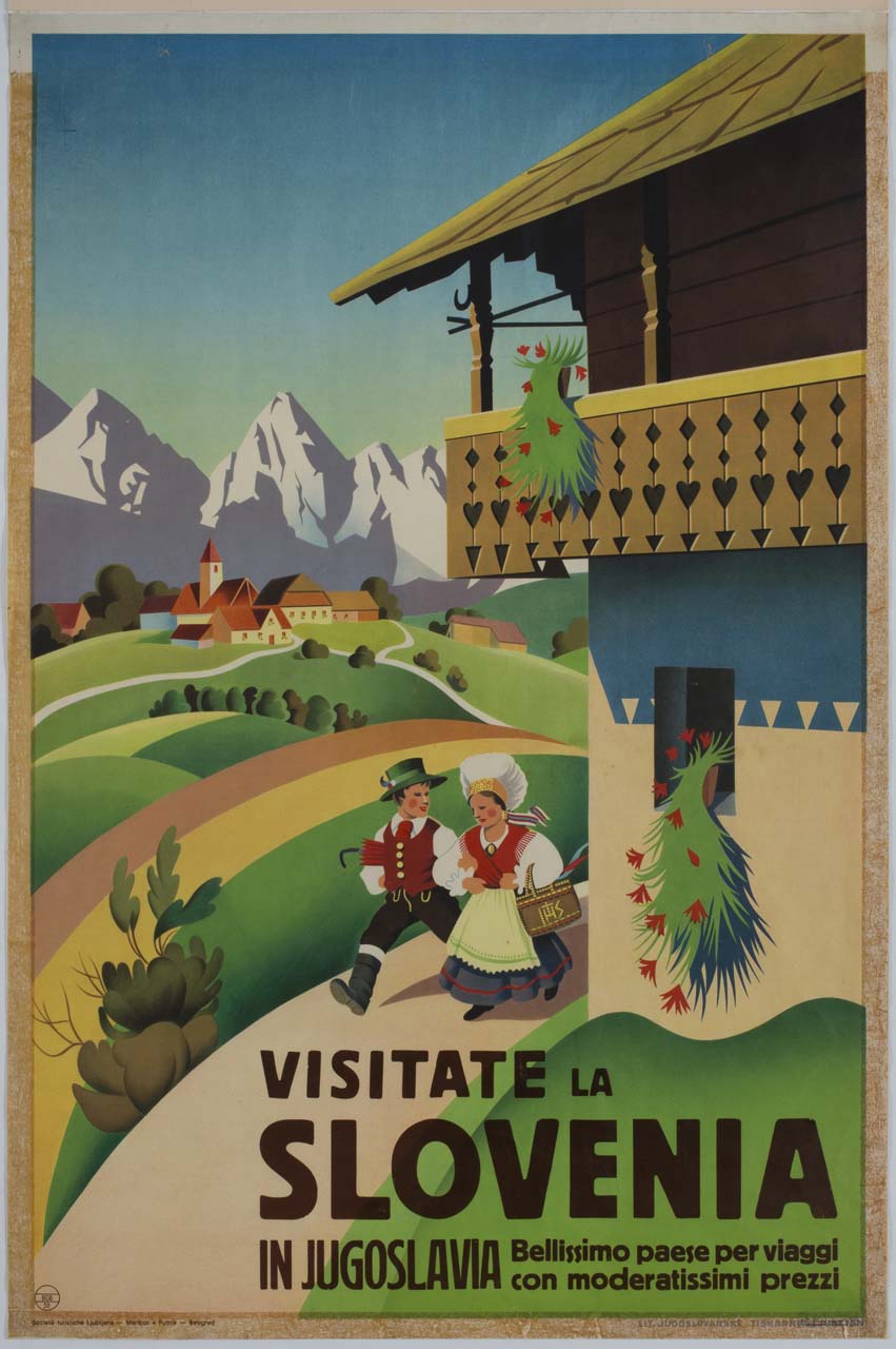 paesaggio montano con paesino e casa con figure in abiti tradizionali (manifesto) - ambito italiano (sec. XX)