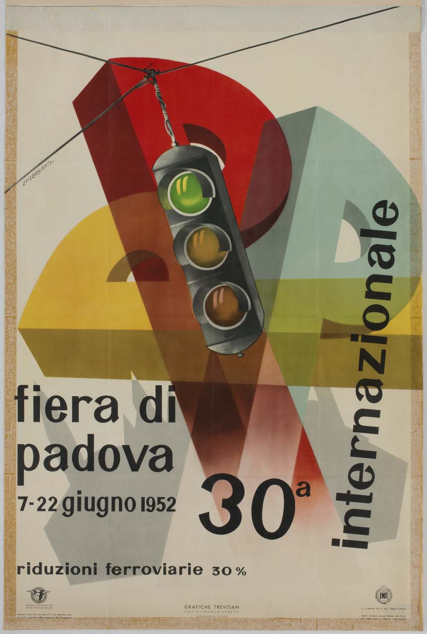 semaforo davanti a tre lettere P incrociate (manifesto) di Effervescenti Eleuterio (sec. XX)