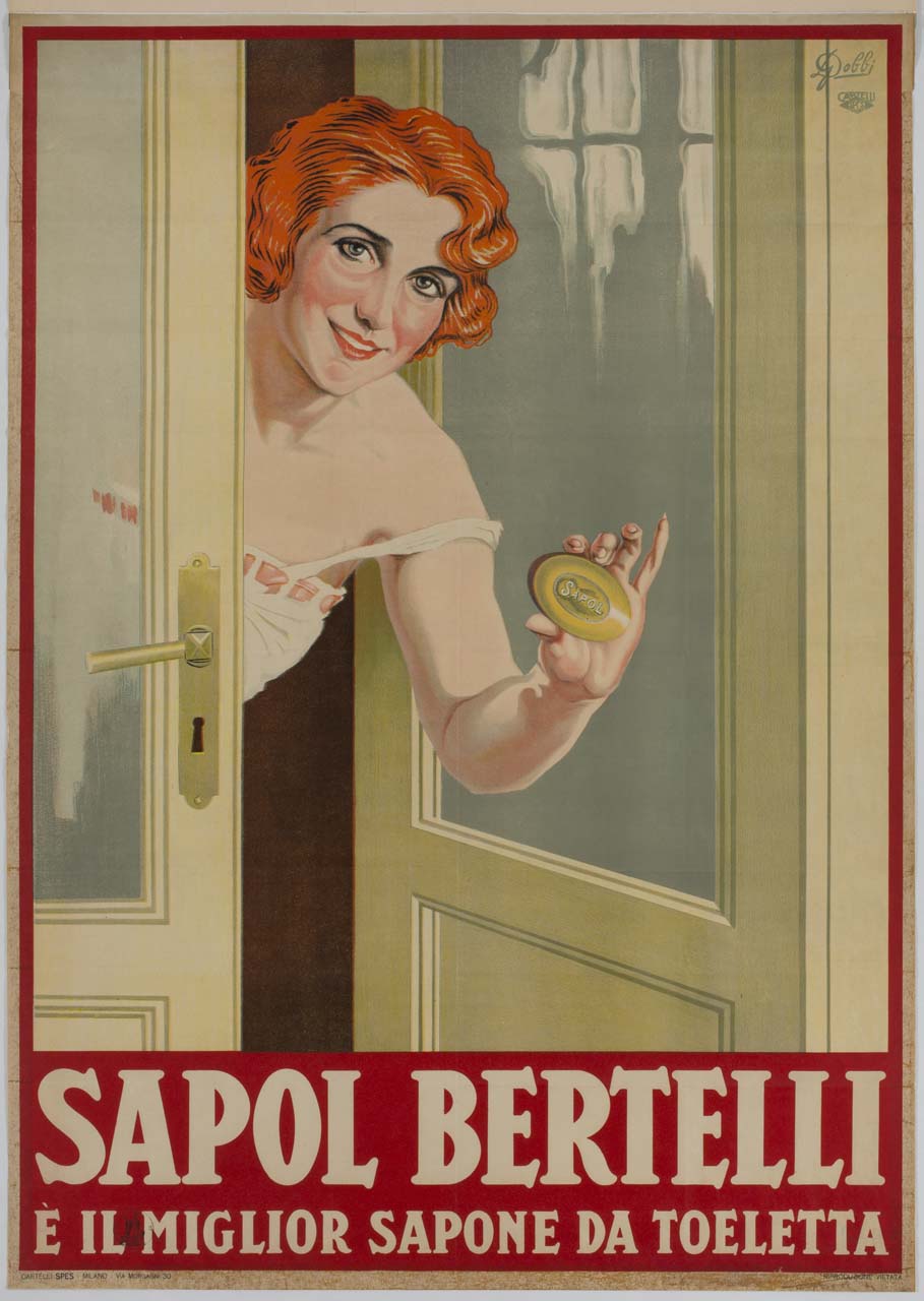 donna affacciata da una porta mostra una saponetta (manifesto) di Gobbi D - ambito italiano (sec. XX)