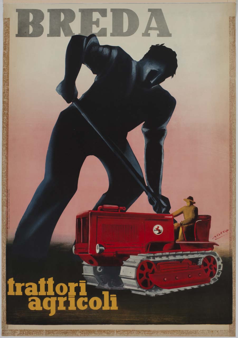 contadino su un trattore davanti a un contadino con la vanga (manifesto) di Forlivesi Montanari Enzo detto Araca (sec. XX)