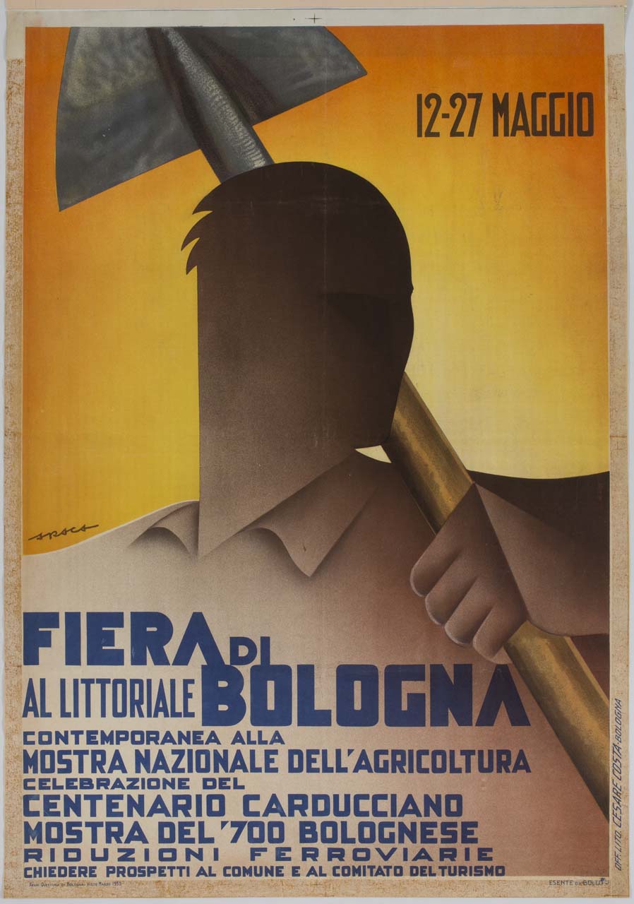 uomo con vanga sulla spalla (manifesto) di Forlivesi Montanari Enzo detto Araca (sec. XX)