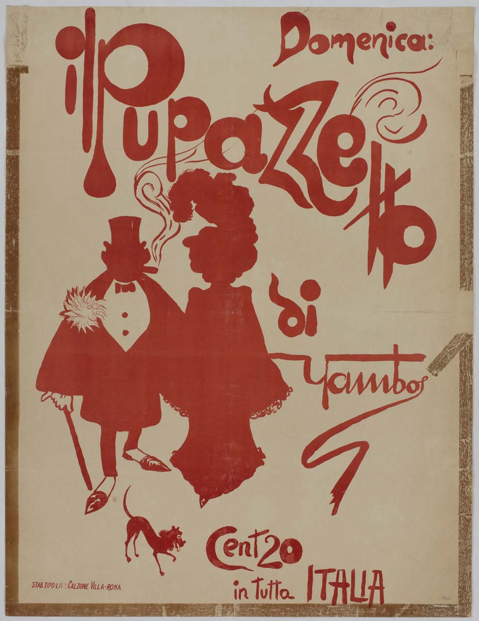 uomo e donna in abiti eleganti passeggiano con un cagnolino (manifesto) di Enrico de’ Conti Novelli detto Yambo - ambito italiano (sec. XX)
