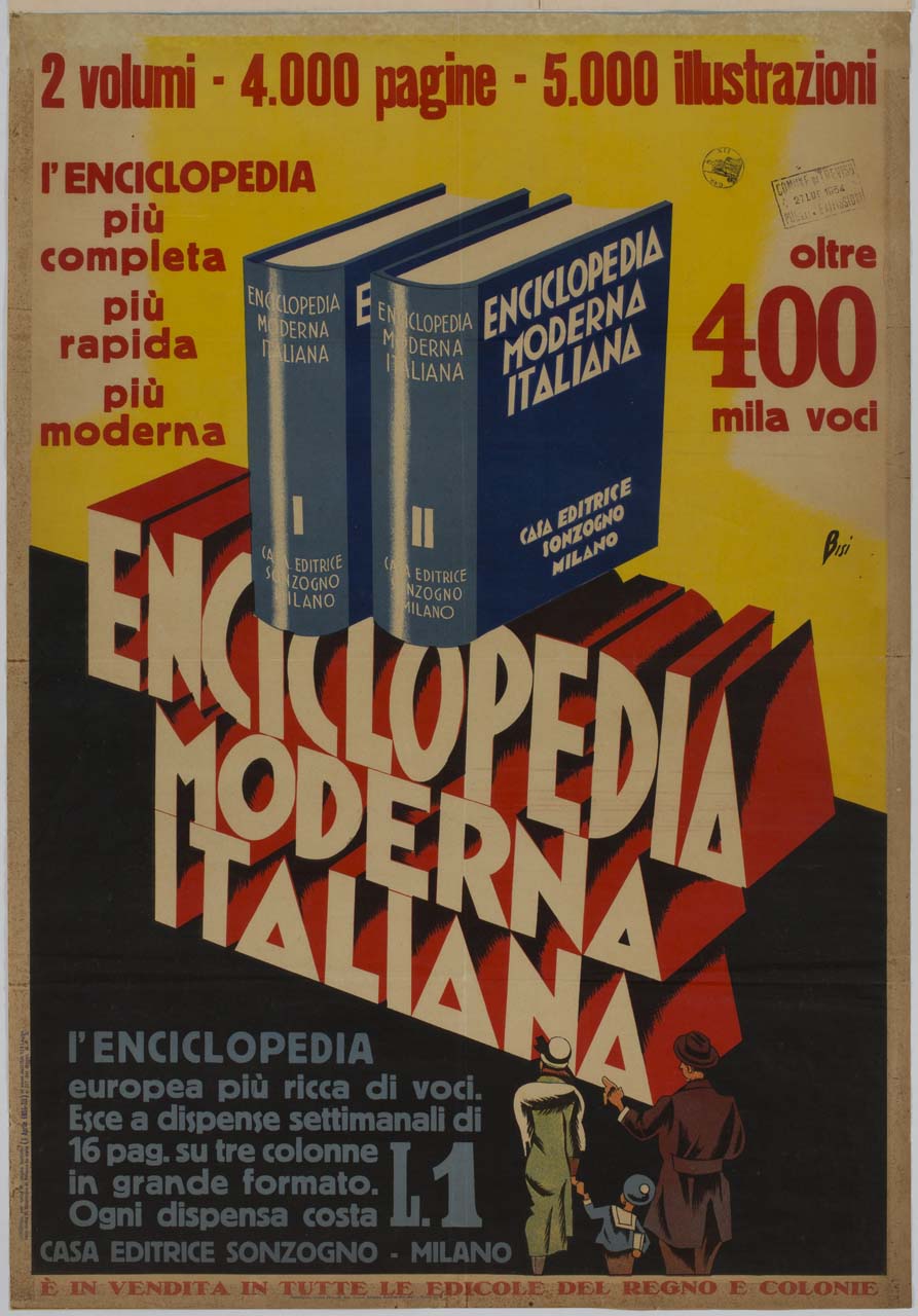 madre, padre e bambino camminano verso due grandi volumi dell'enciclopedia (manifesto) di Bisi Carlo (sec. XX)