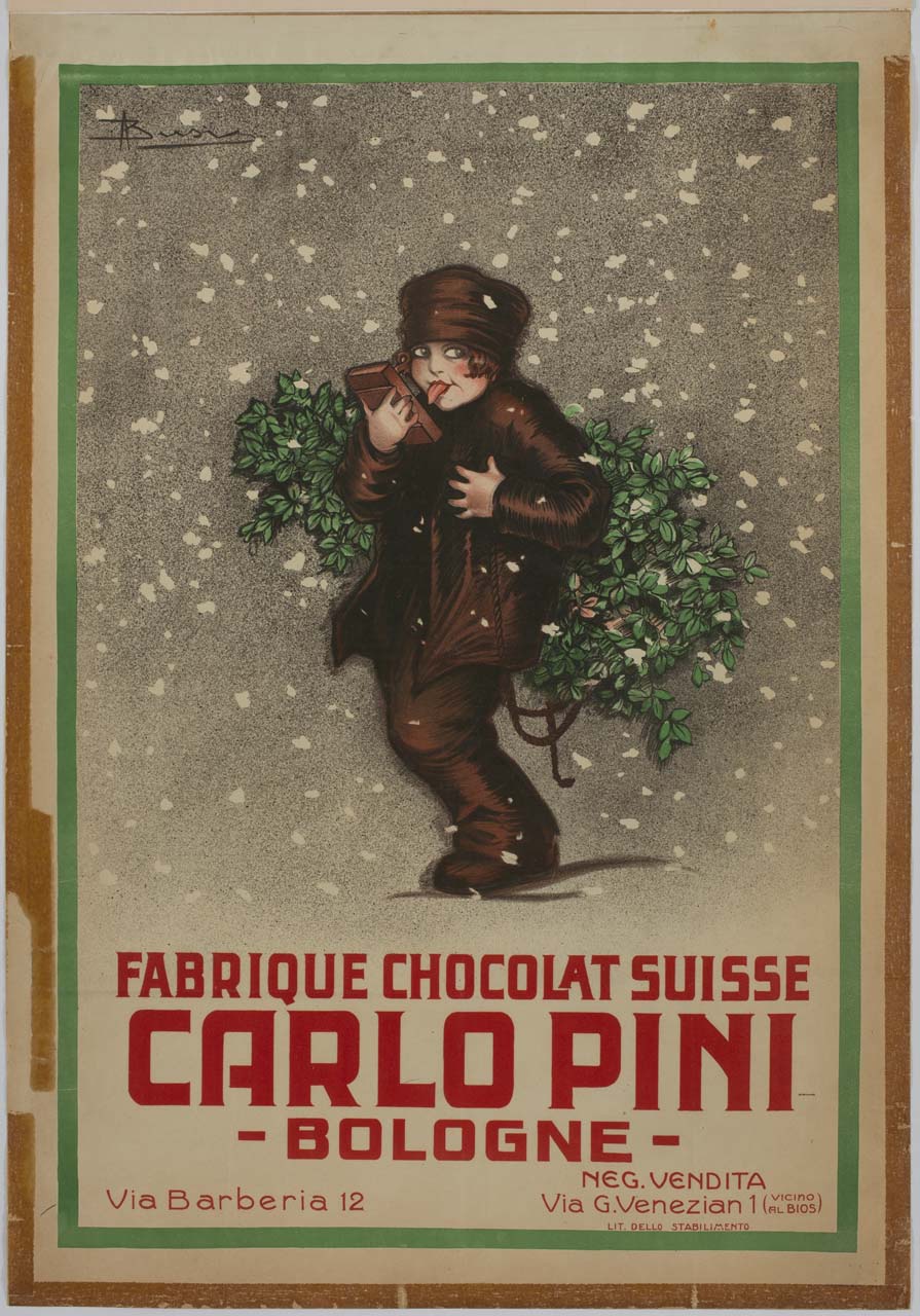 fanciullo trasporta una pianta e lecca una tavoletta di cioccolata sotto la neve (manifesto) di Busi Adolfo (secondo quarto sec. XX)