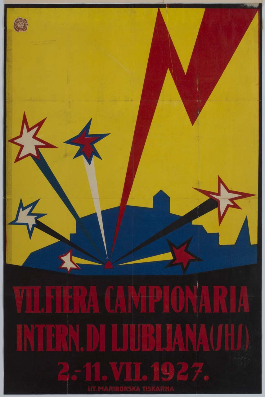 veduta della città di Lubiana stilizzata da cui partono lampi e stelle (manifesto) - ambito jugoslavo (sec. XX)