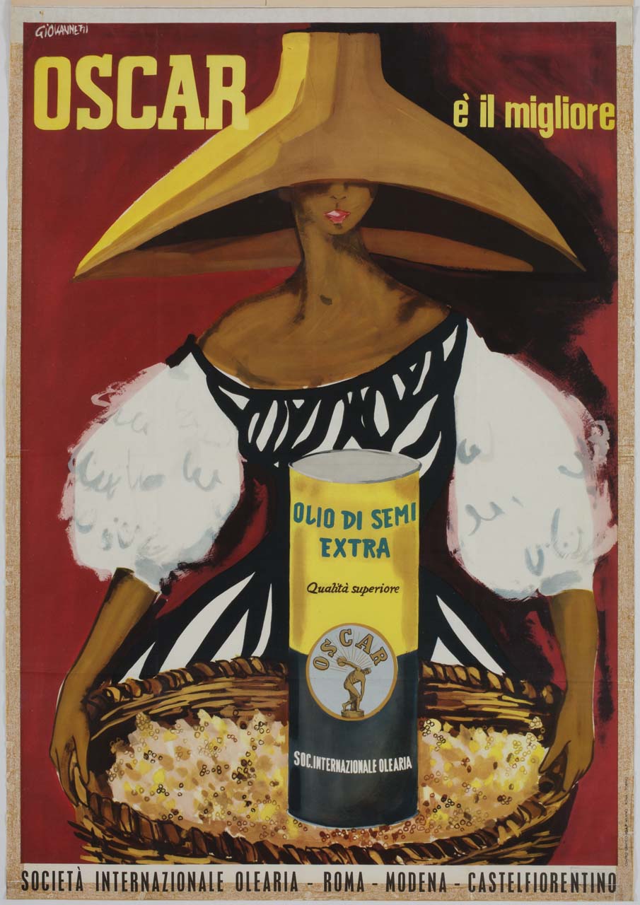 donna con grande cappello e cesto con pop corn e una lattina d'olio (manifesto) di Giovannetti - ambito italiano (sec. XX)
