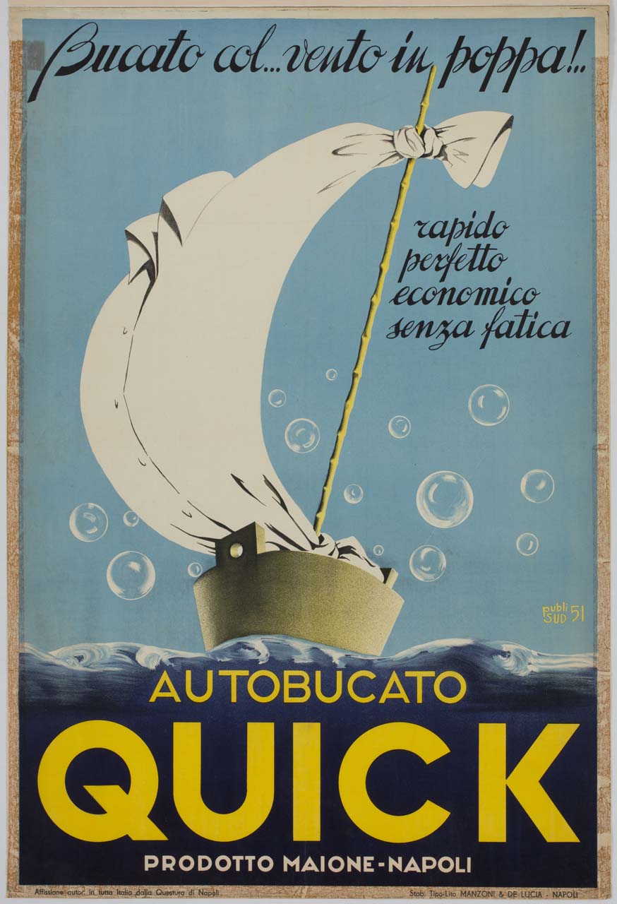 tinozza in mare con una camicia che funge da vela (manifesto) di Publi Sud - ambito italiano (sec. XX)