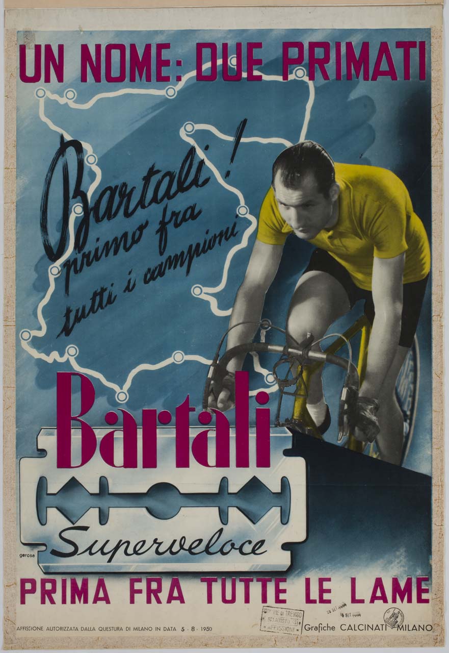 Bartali in bicicletta con grossa lametta da barba in primo piano (manifesto) (sec. XX)