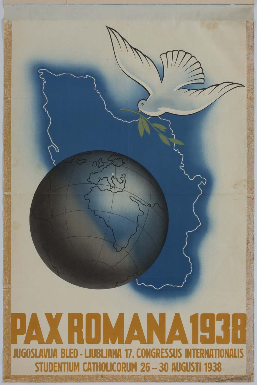 colomba della pace in volo sopra la sagoma della Jugoslavia e il globo terrestre (manifesto) - ambito jugoslavo (sec. XX)