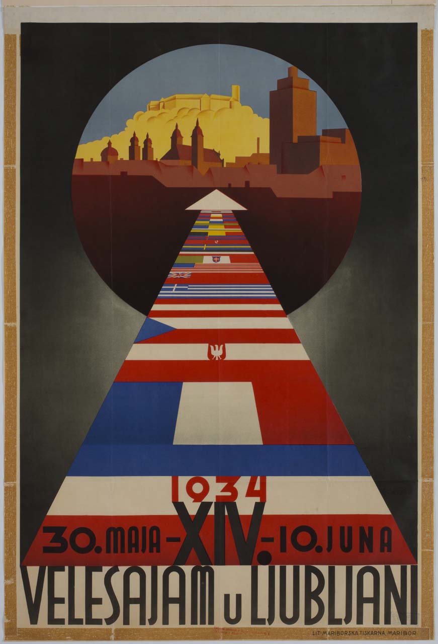 lunga freccia composta da bandiere conduce alla veduta di Lubiana entro riserva circolare (manifesto) di Gorjup R - ambito jugoslavo (sec. XX)