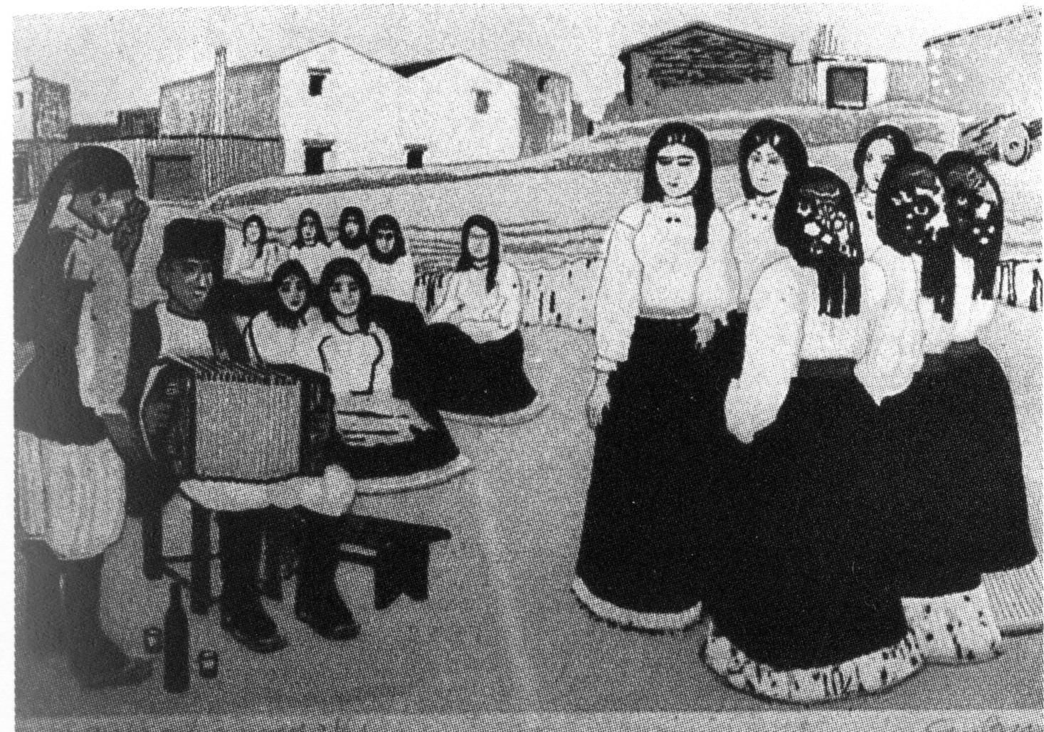 ballo d'Oliena, figure femminili (stampa) di Biasi Giuseppe (secondo quarto sec. XX)