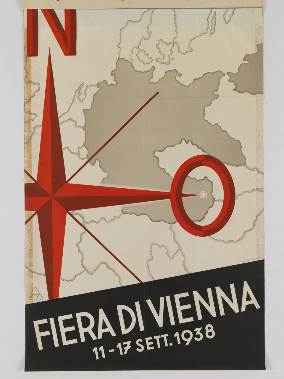 rosa dei venti e carta geografica con Vienna evidenziata entro i confini della Germania (manifesto) di Fischinger August (sec. XX)