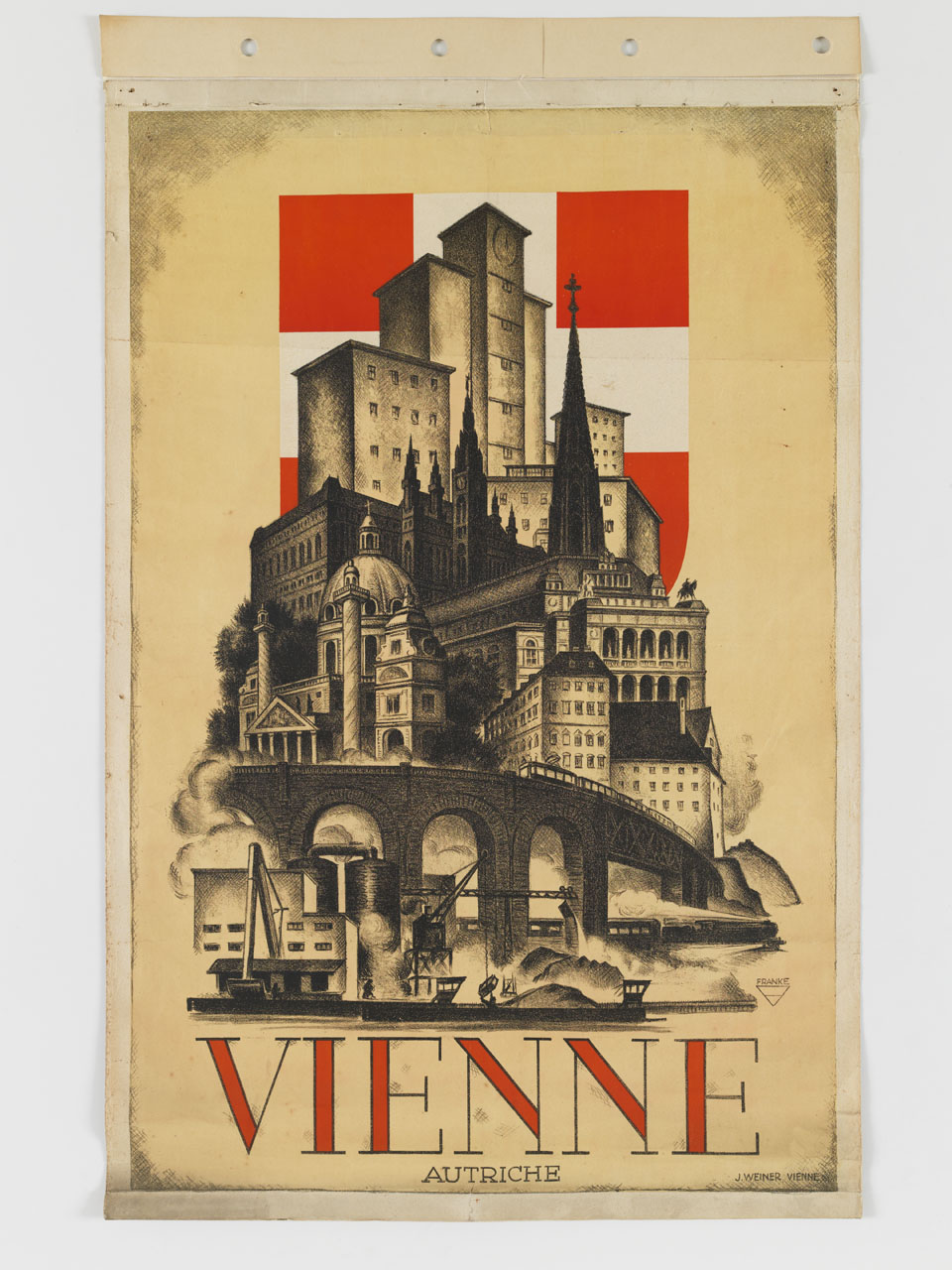 veduta di fantasia di Vienna sullo sfondo dello stemma della città (manifesto) di Franke Ernst Ludwig (sec. XX)