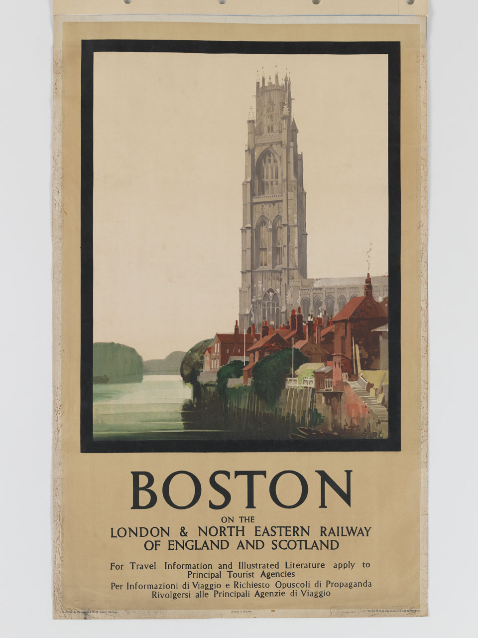 veduta della chiesa di Saint Botolph lungo il fiume Witham a Boston (manifesto) di Fred Taylor (sec. XX)