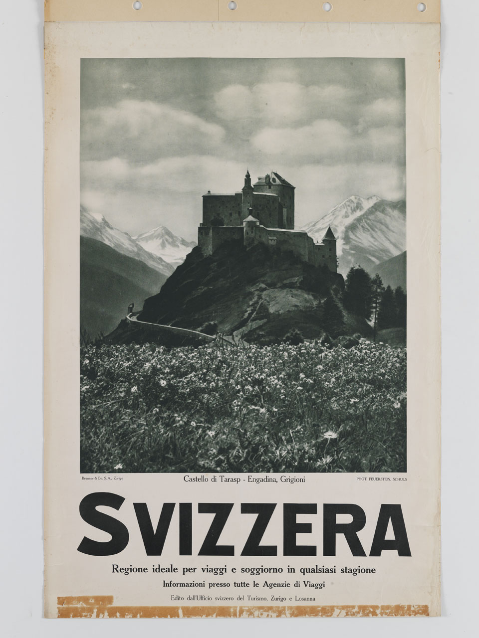 veduta del castello di Tarasp in Engadina (manifesto) di Feuerstein, Schuls - ambito svizzero (metà sec. XX)