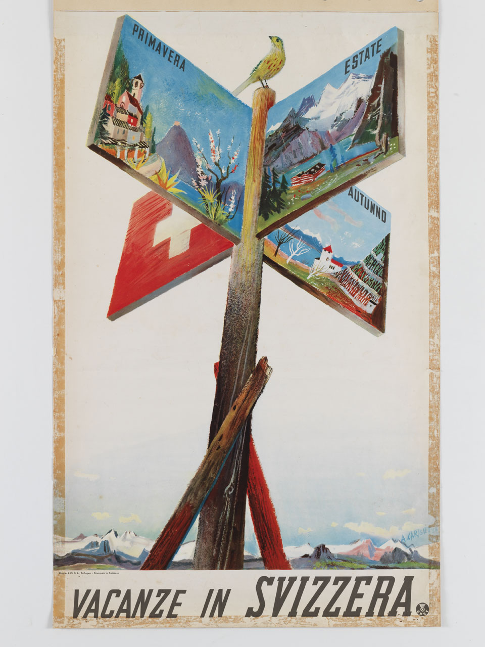 cartello con figurazioni delle stagioni primavera estate e autunno e al posto dell’inverno la bandiera svizzera (manifesto) di Carigiet Alois (sec. XX)