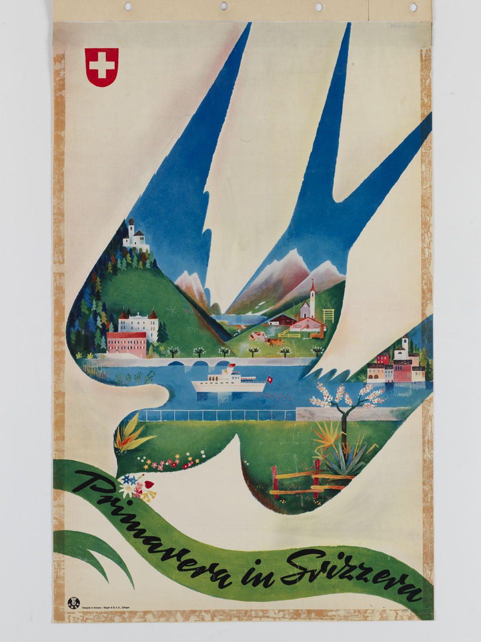 paesaggio alpino inquadrato da una silhouette di rondine in volo con un cartiglio nel becco (manifesto) di Barberis Mario (sec. XX)