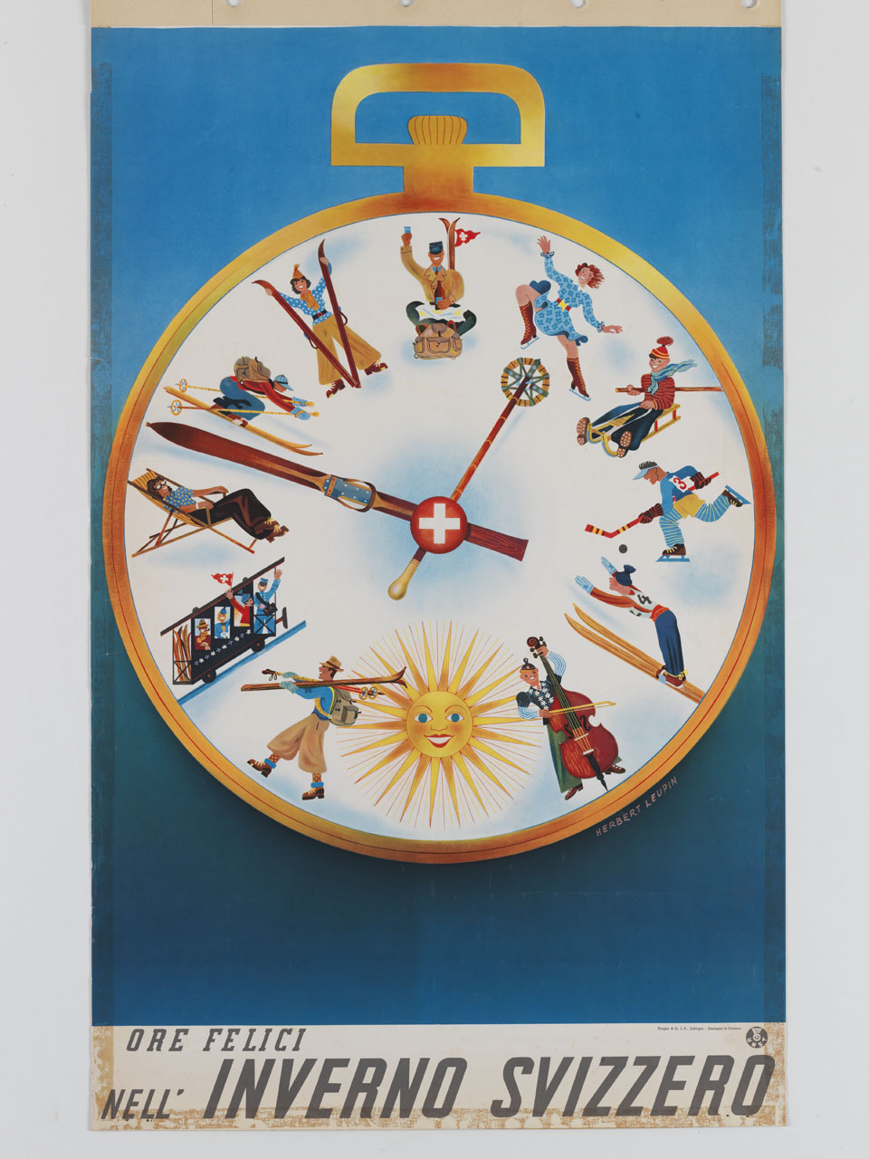 orologio con figure stilizzate intente in diverse attività di svago con uno sci e una racchetta da neve fermate dalla bandiera svizzera a segnare le ore (manifesto) di Leupin Herbert (sec. XX)