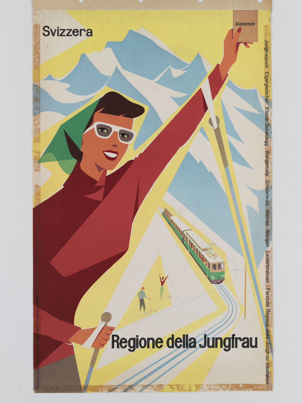 sciatrice sorridente mostra l'abbonamento alle Ferrovie Regione della Jungfrau Interlaken (manifesto) di Weber Ed - ambito svizzero (metà sec. XX)